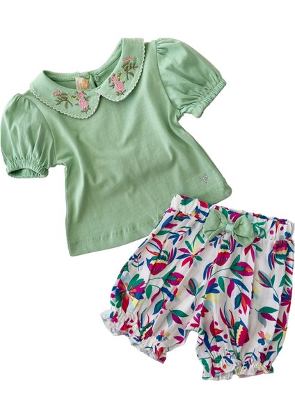 Baby Kız Yaka Çiçek Nakış Desenli Badi ve Viskon Şort Takım - Yeşil fiyatları