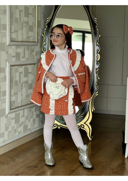 Tüvit 5 Parça Ceketli Çantalı Kız Çocuk Takım - Turuncu
