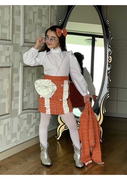 Tüvit 5 Parça Ceketli Çantalı Kız Çocuk Takım - Turuncu modelleri