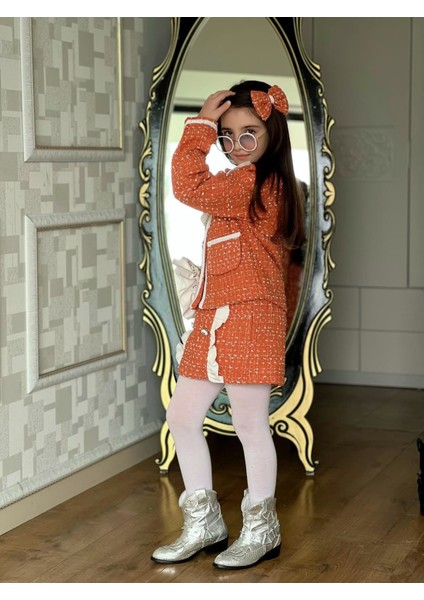 Tüvit 5 Parça Ceketli Çantalı Kız Çocuk Takım - Turuncu fırsatları