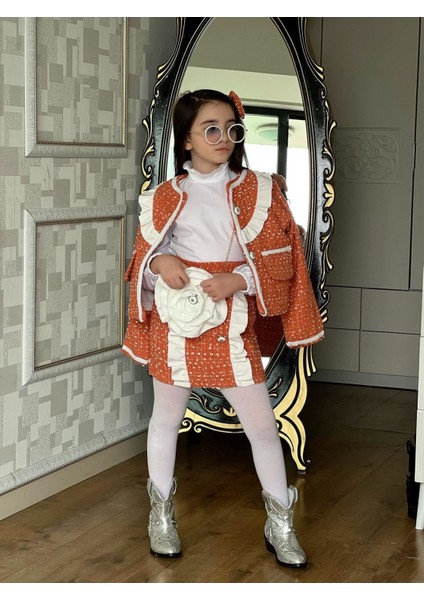 Tüvit 5 Parça Ceketli Çantalı Kız Çocuk Takım - Turuncu indirimleri
