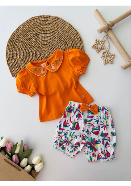 Baby Kız Yaka Çiçek Nakış Desenli Badi ve Viskon Şort Takım - Turuncu