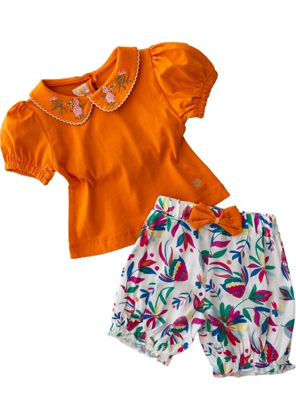 Baby Kız Yaka Çiçek Nakış Desenli Badi ve Viskon Şort Takım - Turuncu fiyatları