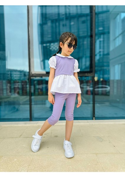 Bebe Yaka Kapri Taytlı Kız Çocuk Takım - Lila
