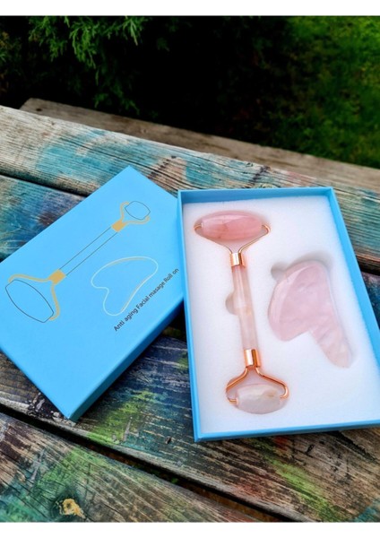 Sertifikalı Pembe Kuvars Masaj Taşı Roller ve Pembe Kuvars Taşı Gua Sha (Kalp Tasarımlı) Set