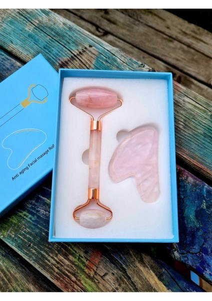 Sertifikalı Pembe Kuvars Masaj Taşı Roller ve Pembe Kuvars Taşı Gua Sha (Kalp Tasarımlı) Set
