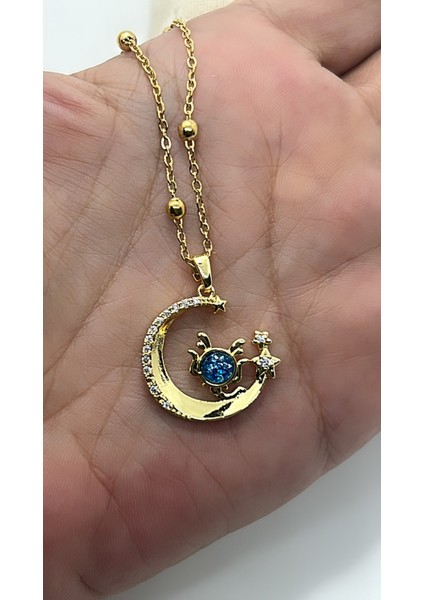 Çelik Dorika Zincir Model Zirkon Taşlı Ay ve Yengeç Figürlü Gold Kolye