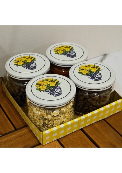 Home 4'lü 300 ml Yuvarlak Cam Kavanoz - Sarı Çiçek Model
