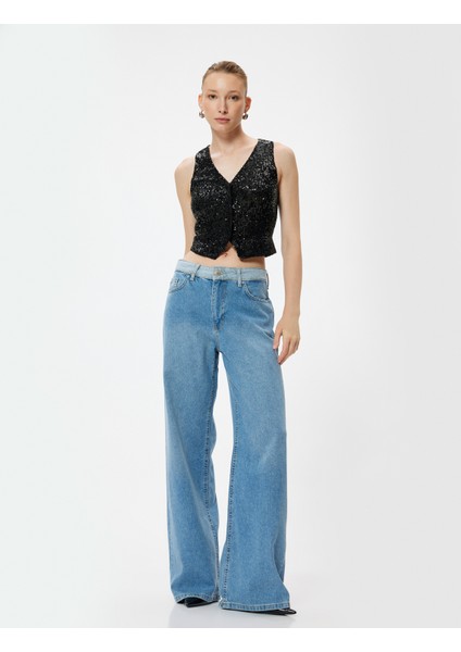 Abiye Yelek Crop Pullu Payetli V Yaka Kolsuz Düğmeli Slim Fit