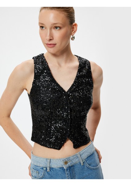 Abiye Yelek Crop Pullu Payetli V Yaka Kolsuz Düğmeli Slim Fit fiyatları