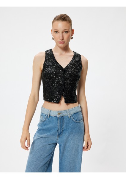 Abiye Yelek Crop Pullu Payetli V Yaka Kolsuz Düğmeli Slim Fit modelleri