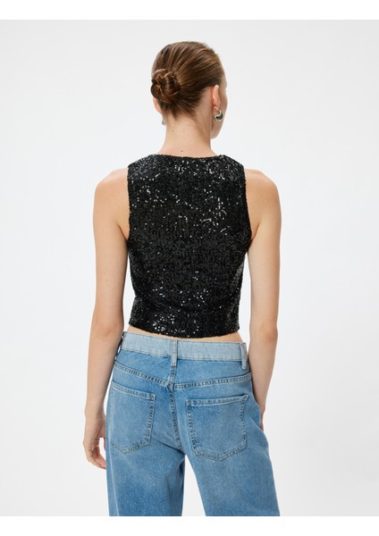 Abiye Yelek Crop Pullu Payetli V Yaka Kolsuz Düğmeli Slim Fit fırsatları