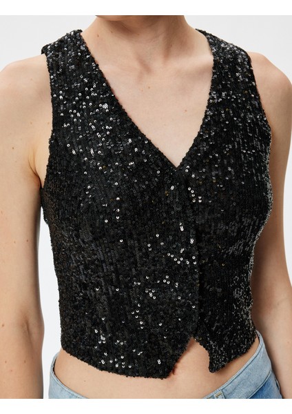 Abiye Yelek Crop Pullu Payetli V Yaka Kolsuz Düğmeli Slim Fit indirimleri