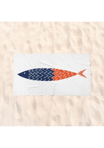 Blue & Orange A Fish - Balıklı Plaj Havlusu - Pamuk