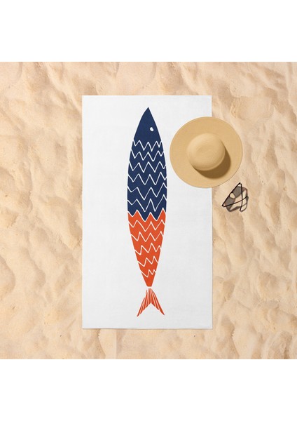 Blue & Orange A Fish - Balıklı Plaj Havlusu - Pamuk