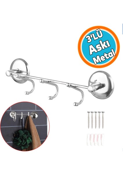Banyo Lavabo Askı Vidalı Askılık 3'lü Metal Sağlam Aparat Krom Askılık Elbise Havlu Asma
