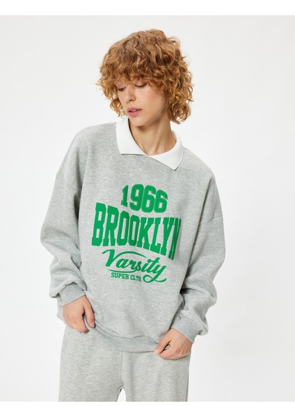 Polo Yaka Sweatshirt Oversize Kolej Baskılı Uzun Kollu modelleri