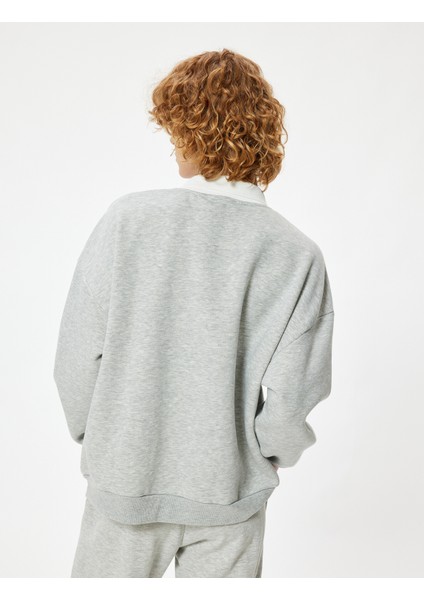 Polo Yaka Sweatshirt Oversize Kolej Baskılı Uzun Kollu fırsatları