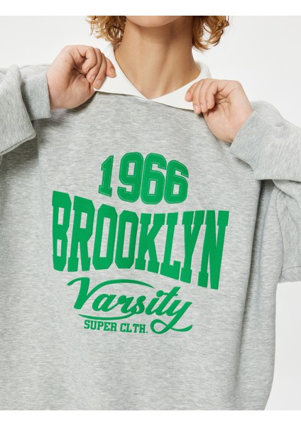 Polo Yaka Sweatshirt Oversize Kolej Baskılı Uzun Kollu indirimleri