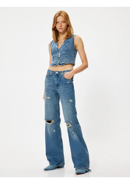 Geniş Paça Kot Pantolon Yıpratılmış Normal Bel Cepli Pamuklu - Wide Leg Jeans