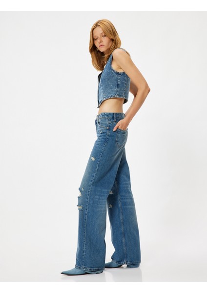 Geniş Paça Kot Pantolon Yıpratılmış Normal Bel Cepli Pamuklu - Wide Leg Jeans