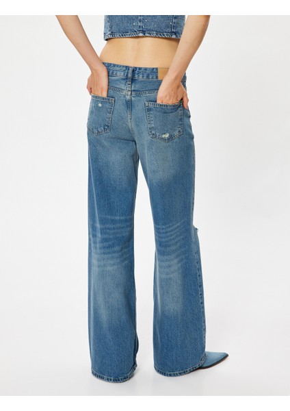 Geniş Paça Kot Pantolon Yıpratılmış Normal Bel Cepli Pamuklu - Wide Leg Jeans