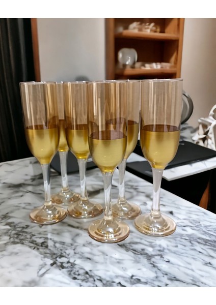 Gkzglass Home Dekor New Year Tokyo Gold Lüster Ayaklı 6 Kişilik Flüt Kadeh Takımı Kahve Yanı   Bardak Seti