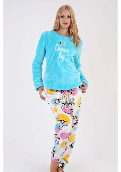 Kadın Mavi Welsoft Yuvarlak Yaka Uzun Kollu Cepli Manşetli Desenli Pijama Takımı
