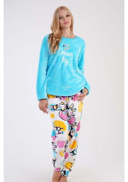 Kadın Mavi Welsoft Yuvarlak Yaka Uzun Kollu Cepli Manşetli Desenli Pijama Takımı