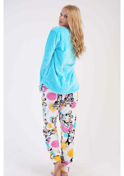 Kadın Mavi Welsoft Yuvarlak Yaka Uzun Kollu Cepli Manşetli Desenli Pijama Takımı