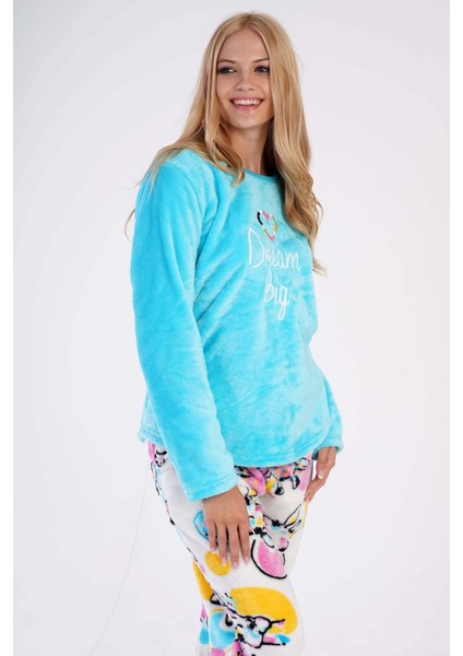 Kadın Mavi Welsoft Yuvarlak Yaka Uzun Kollu Cepli Manşetli Desenli Pijama Takımı