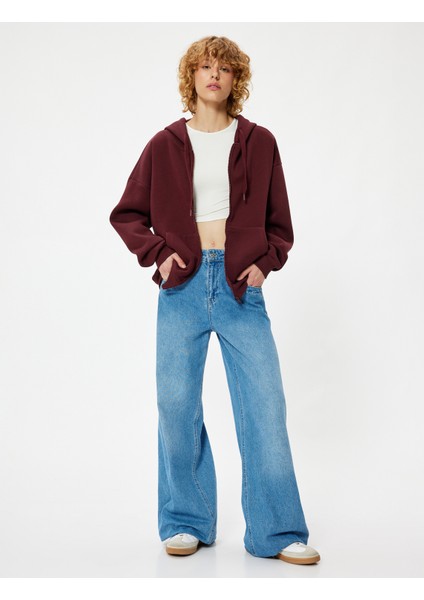 Oversize Fermuarlı Sweatshirt Yıldız Işlemeli Kanguru Cepli