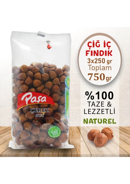 Paşa Kuruyemiş Çiğ Fındık Içi Şeffaf Paket 250 gr x 3 Adet (Naturel 1. Kalite)