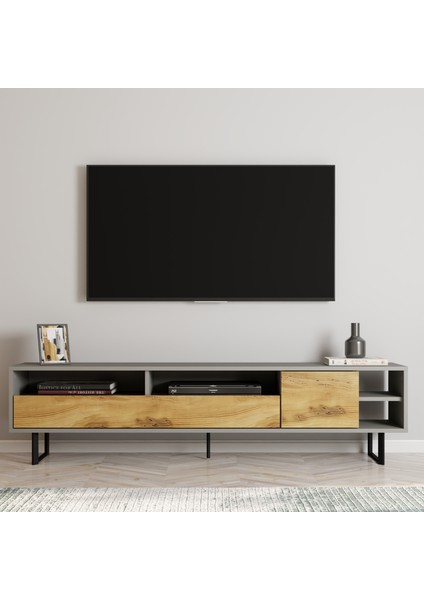 Luga Kapaklı Tv Ünitesi, Tv Sehpası - Metal Siyah Ayak - Gri/kilim