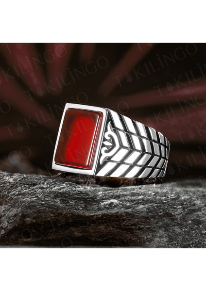 925 Ayar Gümüş Kırmızı Akik Taşlı Sade Erkek Yüzük