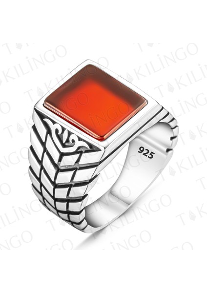 925 Ayar Gümüş Kırmızı Akik Taşlı Sade Erkek Yüzük fiyatları