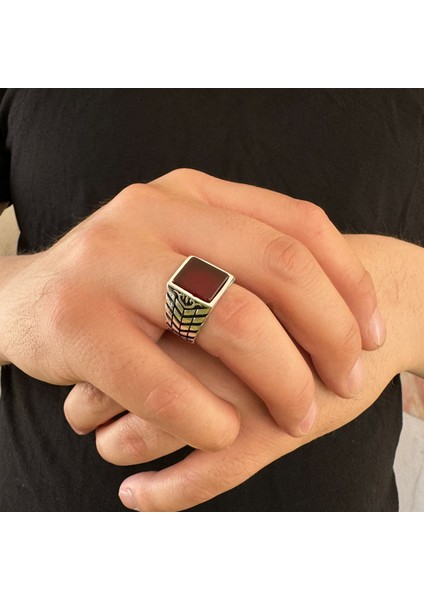925 Ayar Gümüş Kırmızı Akik Taşlı Sade Erkek Yüzük modelleri