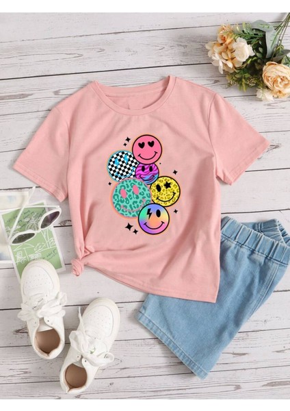 Smile Baskılı Kız Çocuk Pamuklu Bisiklet Yaka Basic Tshirt