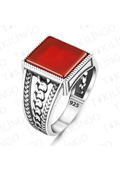 925 Ayar Gümüş Kırmızı Akik Taşlı Sade Zincir Desenli Erkek Yüzük modelleri