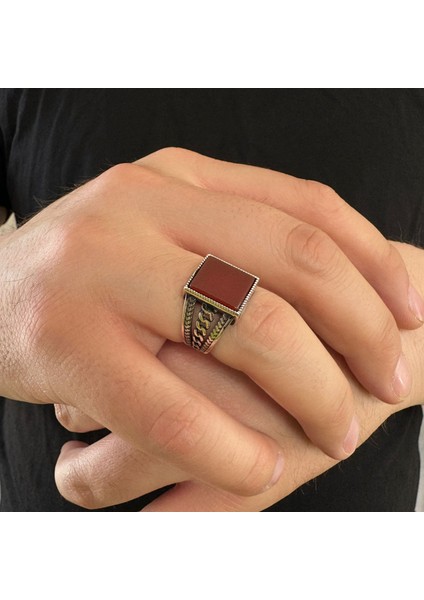 925 Ayar Gümüş Kırmızı Akik Taşlı Sade Zincir Desenli Erkek Yüzük fırsatları