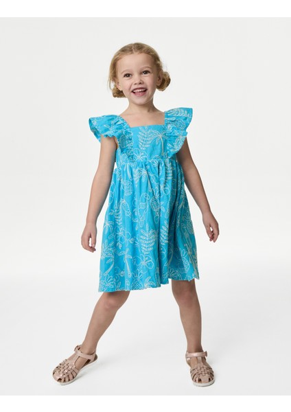 Saf Pamuklu Çiçek Desenli Elbise (2-7 Yaş)