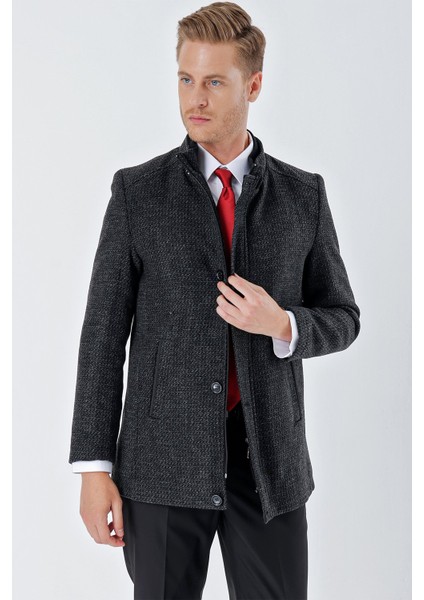 Siyah Kaşe Hakim Yaka Desenli Yırtmaçlı Astarlı Slim Fit Dar Kesim Klasik Kaban 1008235151