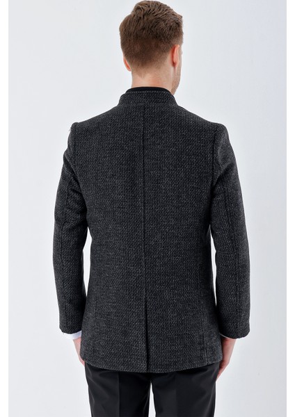 Siyah Kaşe Hakim Yaka Desenli Yırtmaçlı Astarlı Slim Fit Dar Kesim Klasik Kaban 1008235151