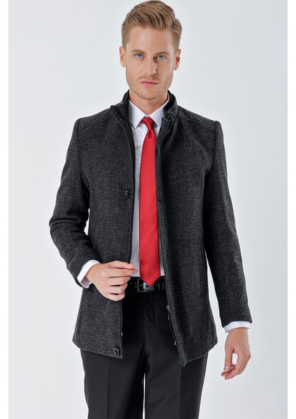 Siyah Kaşe Hakim Yaka Desenli Yırtmaçlı Astarlı Slim Fit Dar Kesim Klasik Kaban 1008235151