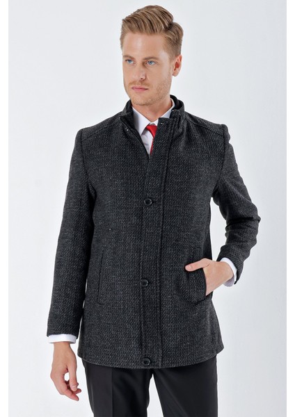 Siyah Kaşe Hakim Yaka Desenli Yırtmaçlı Astarlı Slim Fit Dar Kesim Klasik Kaban 1008235151