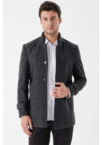 Siyah Kaşe Hakim Yaka Desenli Yırtmaçlı Astarlı Slim Fit Dar Kesim Klasik Kaban 1008235153