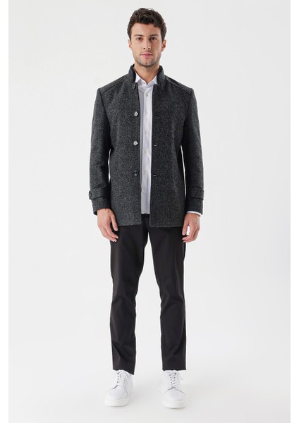 Siyah Kaşe Hakim Yaka Desenli Yırtmaçlı Astarlı Slim Fit Dar Kesim Klasik Kaban 1008235153