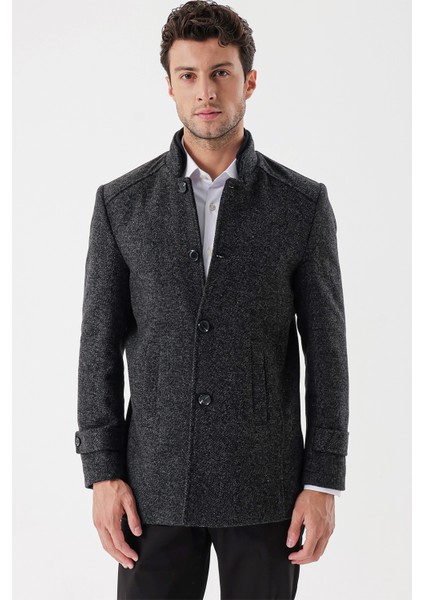 Siyah Kaşe Hakim Yaka Desenli Yırtmaçlı Astarlı Slim Fit Dar Kesim Klasik Kaban 1008235153