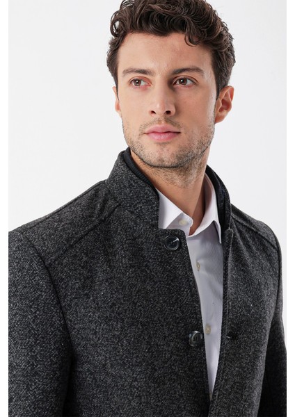 Siyah Kaşe Hakim Yaka Desenli Yırtmaçlı Astarlı Slim Fit Dar Kesim Klasik Kaban 1008235153