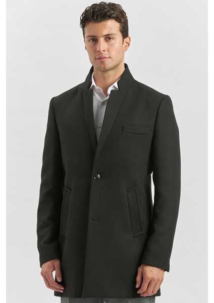 Siyah Kaşe Hakim Yaka Düz Yırtmaçsız Iç Yarım Kapitoneli Tam Astar Slim Fit Classic Kaban 1008235271